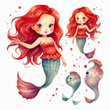 red hair mermaid girl clipart,full body, cartoon watercolor,children book illustration,white background