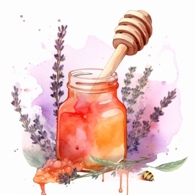 Watercolor illustration of honey in a jar and include a wooden spoon, a honeycomb, add hints of orange or red to enhance the richness and depth of the honey, add lavender and pink flowers, add watercolor splash in the background, hd, white background, clipart--ar3.2--s1000