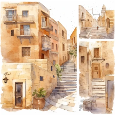 watercolor mardin town in turkiye, illustrations clipart set, simple, , cartoon elements ,different variants , historic stone houses,historic buildings, cobblestone lanes, tone facades of the buildings, Mardin's stone Alleyways separate elements with a margin