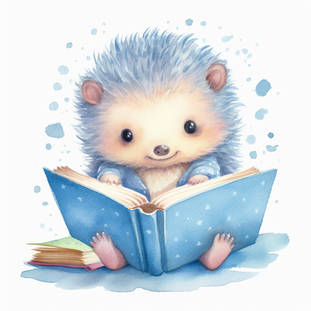 Watercolor svg clipart of a cute cartoon adorable baby hedgehog reading ...