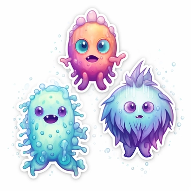 3 stickers with white background and border, emoji clipart as cute monsters, seemless pattern, high res, iridescent, some bioluminescent