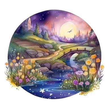 cartoon fairy glen by the River, grass and flowers line the sides if the river, glowing lights and sparkles, colors of green purple gold and blue, glamorous realistic and detailed, watercolor, white background with margins, clipart style