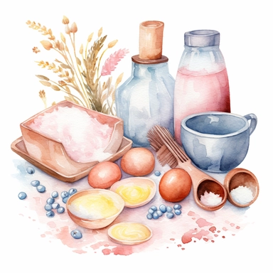 Design a watercolor clipart image of a set of baking ingredients, including flour, sugar, and eggs. Use pastel shades of pink, blue, and yellow to create a soft and inviting palette, and include plenty of texture and detail to make the ingredients look tactile and realistic, white background
