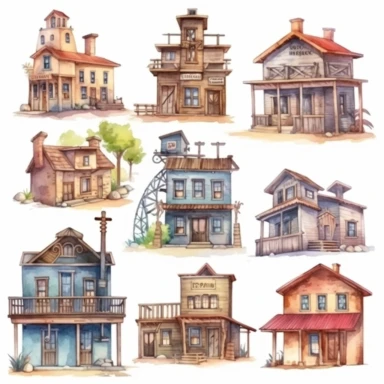 watercolor Old west style buildings, illustrations clipart set, simple, , cartoon elements ,different variants , separate elements with a margin