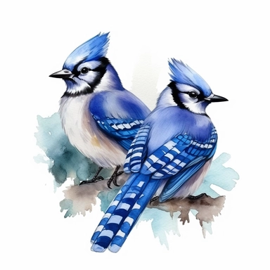 realistic pair of blue jays, watercolor style, clipart, plain isolated white background