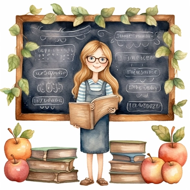 hand drawn, A teacher and blackboard , illustration Watercolor clipart, katie daisy style, single object,png,transparent, white background for removing background - - no text shadow font watermark