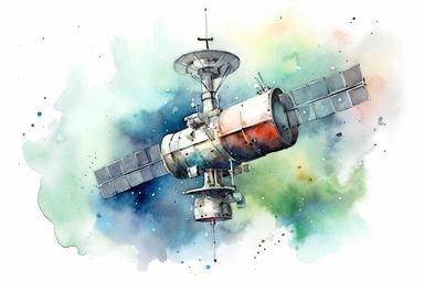 Watercolor, Design an image highlighting a satellite in a geostationary orbit, providing continuous coverage over a specific region on Earth clipart, hd, on a white background, spaced out