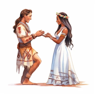 Fair-skinned bride and Indigenous groom, exchanging wedding rings, joyful and excited, watercolor, Pixar style, Clipart on a white background.