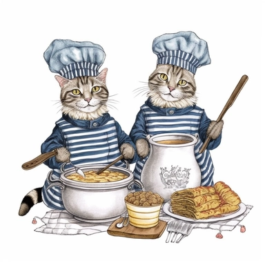 vintage cute cats baking, wearing clothes, in the style of edward gorey, clipart, white background