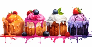 Mouth-watering cakes in a line, vivid colors, white background, drip art, oozing cream and sauce, ornamental watercolor clipart, I can't believe how beautiful this is