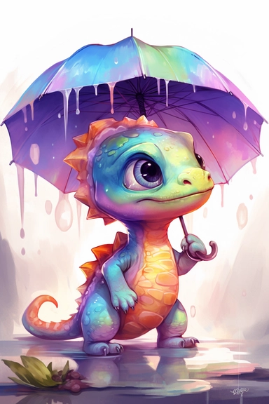 a clipart image of the cute baby dinosaur with the big cutest eyes, long eye lashes, and cutest face expression. Dinosaur is standing under umbrella. and feels safe calm and happy. vanilla, pink, violet, purple, yellow, blue and orange watercolours water colour sctretch by Artgerm and Sakami Chan.