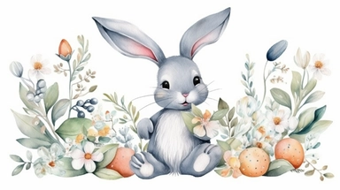 Watercolor bunny in floral bouquet. Hand drawn childish clipart animal forest, silver dollars, green plants and flowers. Watercolor painting funny bunny for kids. Baby cute animal rabbit,4K,very HD，