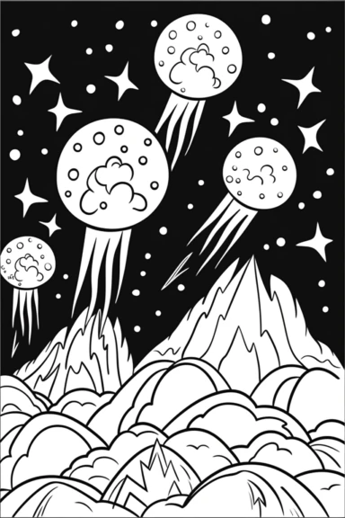 meteors , clipart style of coloring book for children, super simple, thick, clear, lines, black and white, white background