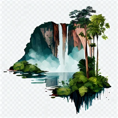 solitary watercolor jog falls karnataka India on a transparent background, clipart, blue green brown