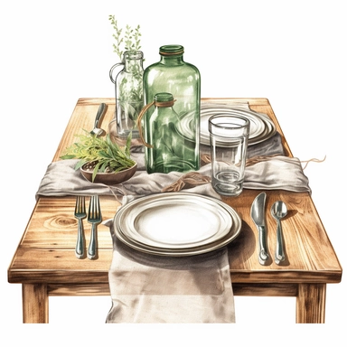 watercolor, hyper realistic, white background with margins, 8k, ultra detailed clipart rustic table settings featuring burlap table runners, wooden chargers, and mason jar centerpieces, brown and green