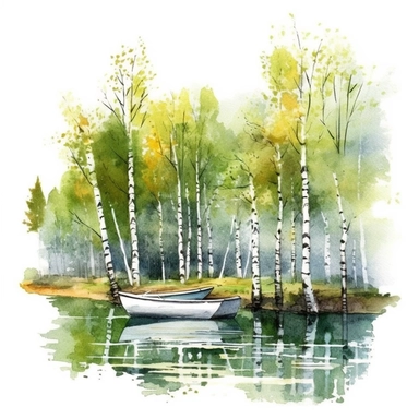 clipart, isolated on white background, beautiful cute Watercolor Spring dark green Birch Trees in the sunny forest, lake, boat, ornated, vivid and saturated colors