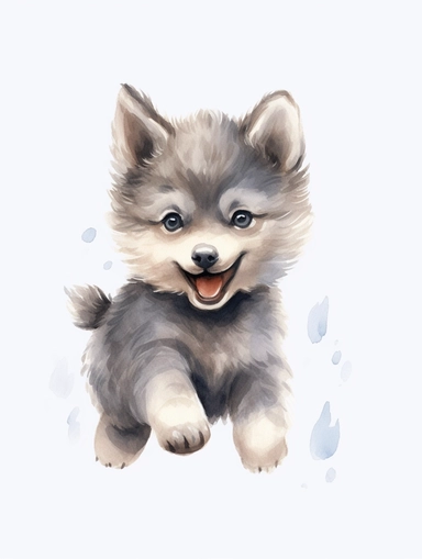 cute happy grey wolf cub running, pastel watercolor, clipart, solid background