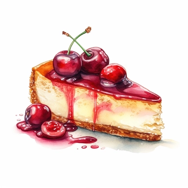 create a beautiful one of a kind high quality extremely detailed watercolor clipart image of a delicious CHERRY cheesecake, make the CHERRY cheesecake look delicious and refreshing, pay close attention the graham cracker crust, PNG, commercial use, white background, no text, no font, no watermark, white background, no text, no font, no watermark, white background