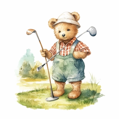 cute teddy bear wearing vintage golf clothes and playing golf on a golf course on a great sunny day in Florida. Sublimation graphics, by Beatrix Potter, Watercolor clipart, single design, print on demand image, no watermark, PNG transparent background, white background, 8k
