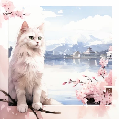 Watercolor Cute Ragdoll Cat sitting at her back in a wide window, and watching Mount Fuji in Japan, Chureito Pagoda and Spring cherry blossoms, lake reflection of everything, architecture of houses, pink leaves flying in the air, Clipart Watercolor By Yuzo Komori. clean line, white background, spaced out