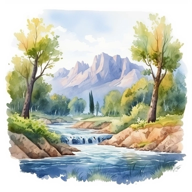 Professional gouache hand - painted illustration of Mountain River in the middle surround by trees, spring, focus on the mountain, Landscape clipart, hiking, nature, camping, white background, natural form, very detailed, deep colour, 8k