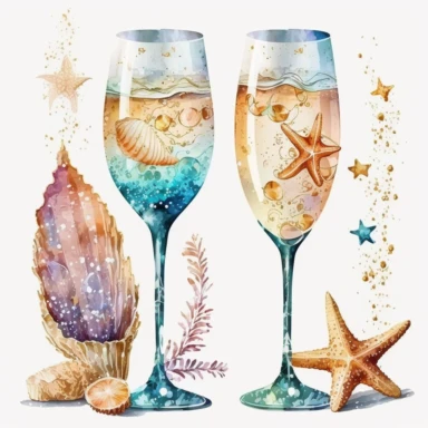 Boho nautical style, wedding champagne glasse, seastar, seashell, fantasy, white background, watercolor, hyperrealism, high detail, separate elements, set, clipart