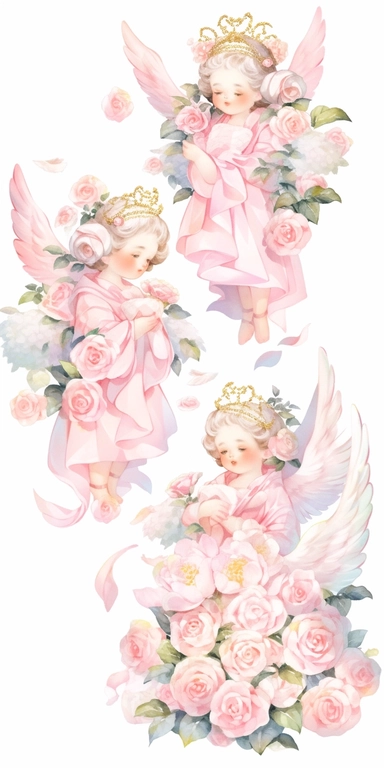Watercolor beautiful wild roses fantasy art, Soulmates, a couple, Angel girl and boy with beautiful face and perfect eyes with flowers, angel wing, chibi kawaii animated style, vivid vibrant colors, intricate detail, hyper detailed, hyper quality, 32K, unreal engine, isolated on white background, kawaii, clipart