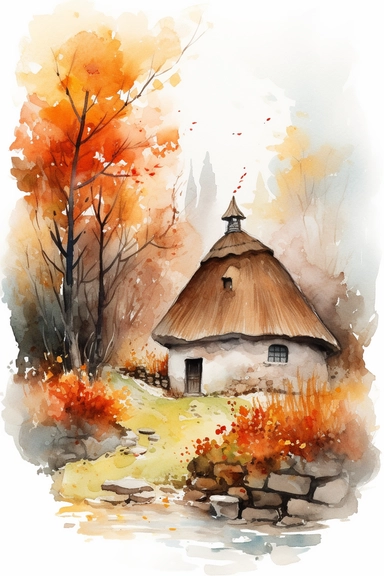 a watercolor clipart on white background of a cozy thatched roof cottage with stone walls and a chimney with smoke coming out, nestled among trees with leaves in shades of red, orange and yellow with vibrant autumn foliage and a pumpkin patch in the garden
