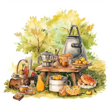 Create One clipart inspired by picnic: The clipart exudes a cozy ambiance, with a sense of warmth and tranquility. It invites viewers to imagine themselves wandering through this magical nature, discovering its secrets and encountering fantastical creatures.cozzy watercolor style. in 4K. so it can be used in fantasy books. beautifull coloring