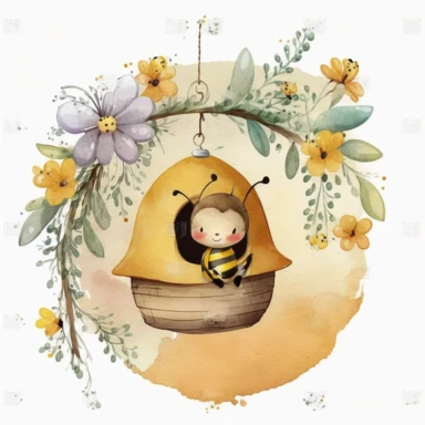 clipart watercolor, happy kid bee smile,bee house hang from branch, hd, on white background ar 3:2 s 1000 - @JamJo (fast)