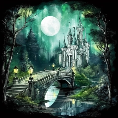 light watercolor Fantasy green Castles night scenery on the moon in the garden forest and bridges realistic clipart on black background