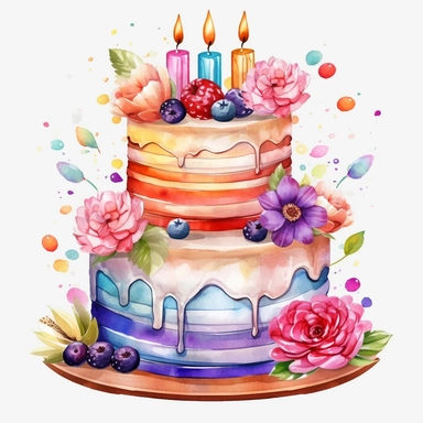 Watercolor happy birthday cake Clipart, white background, 8k