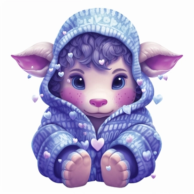 a shy baby bull in hoody Clipart, covered in hearts, Nursery summer Clipart, Easter Clipart, Crafting Digital Paper, purple and blue backlight Mother’s Day, white background