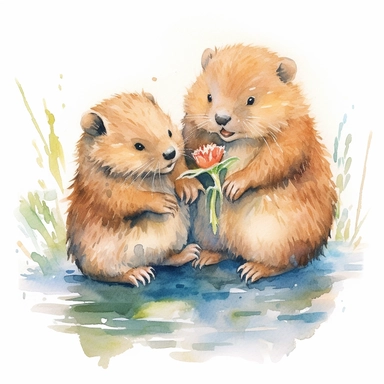 a captivating watercolor clipart image with a white background and white margins, featuring a cute sweet extremely happy smiling two baby beavers playing together. The ultra-detailed, hand-drawn elements capture the details. Use vibrant shades of various colors to create a visually appealing image