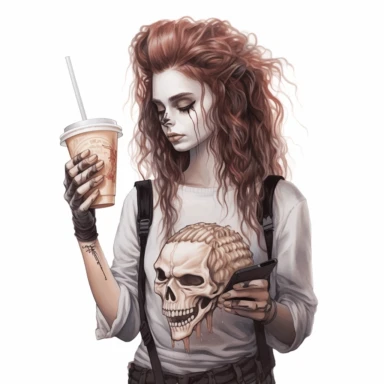 a realistic image of a skeleton with a messy bun hairdo, holding an iced coffee in her hand, clipart, isolated on a pure white background