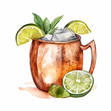 summer Moscow Mule cocktail watercolor clipart, white background, single design