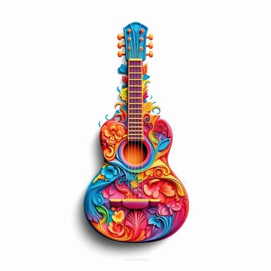 Against a white background, a clip art image showcases a meticulously detailed depiction of a guitar, adorned with vibrant and colorful elements. The guitar takes center stage, with its body and strings intricately illustrated to capture its essence. The body of the guitar features a vibrant burst of colors, blending seamlessly from one shade to another, evoking a sense of energy and creativity. Music notes, represented by a variety of shapes and sizes, dance playfully around the guitar, symboli