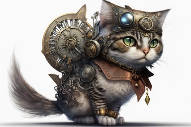 clipart, A beautiful cute cat with a steampunk-style mechanical bird on its shoulder, hd, on white background,