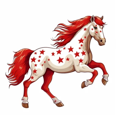 simple horse trotting with stars on back and red and white colored hair, side view, vector art, illustration, clipart, line art, limited detail