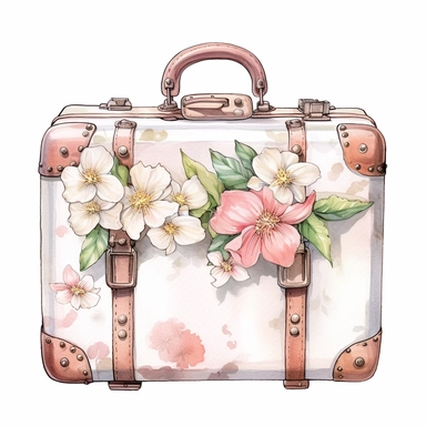 watercolor, hyper realistic, white background, white margins, 16k, ultra detailed clipart, cut out image, hand-drawn, whimsical manhwa style, ultra HD, sharp and clean art a vintage suitcase adorned with delicate floral , capturing the romantic and feminine aesthetics often associated with vintage fashion and travel. earthy brown pastel