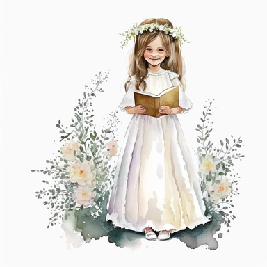 a watercolor clipart of a cute girl wearing a white dress in her first communion with bible in hand, full body clipart, charming smile, smiling, blushing, White PNG background