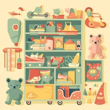 furniture, toys, books, images, flat vector clipart, nursery decor, small child, cute, children room deco