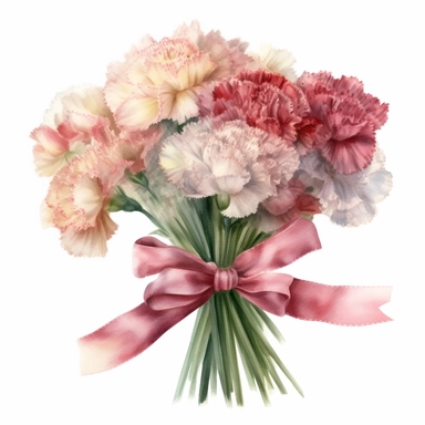 beautiful [carnations bouquet] [with a tied golden ribbon], watercolor, soft pastel, vintage, cinematic, dramatic, realistic, very detailed, white background, clipart