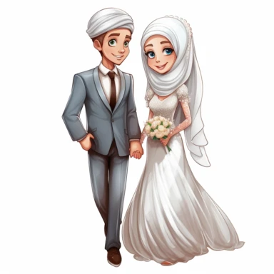 wedding couple clipart wedding ,card, the Muslim bride clipart cliparts, in the style of caffenol developing, cartoonish innocence, caricature-like, perceptive, plush doll art, captivating,--2:3,--8k