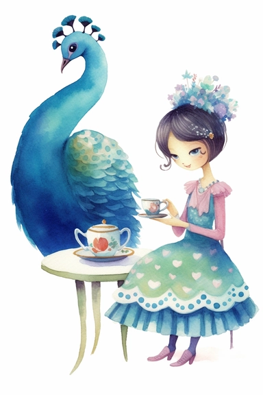 A 5 years old girl and a peacock have a tea party, isolated on white background, clipart, loose, watercolor gouache, textured, paper, naive folk art, whimsical, in the style of Lilla Rogers agency illustrator, isometric perspective, storybook style, pastel color, subtle patterns, stripes, dots, floral
