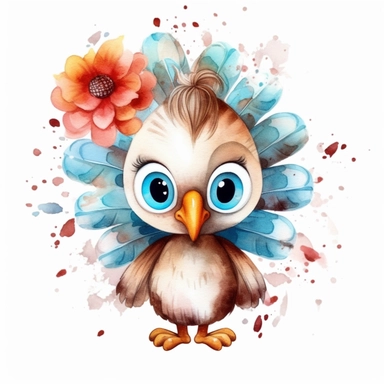 cute turkey clipart with big cute eyes painted in watercolour style, splashes, floral elements, white background