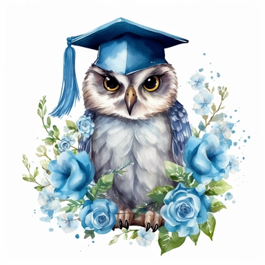 cute blue graduation owl and flowers illustration clipart, detailed, outline, white background, hd, watercolor, digital art