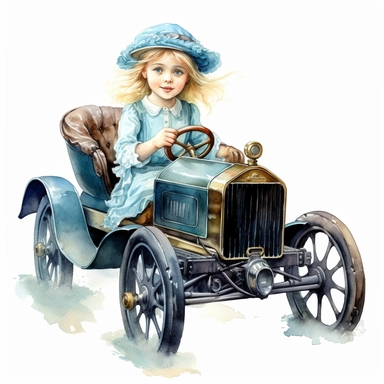 Watercolor Victorian baby girl in driving a teal ford t car from the era clipart , on a white background, Illustration clipart, 4K, extremely detailed
