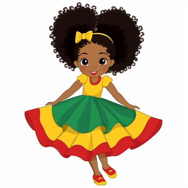 a happy Little Black Girl with green, yellow and red clothes, long skirt, 2 afro puffs, flat vector clipart