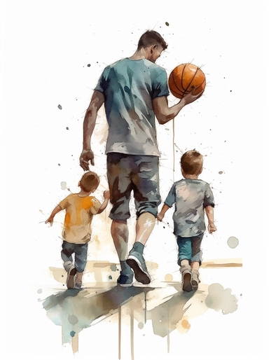 DESIGN A MAGNIFICENT AND EXQUISITE BREATHTAKING ONE-OF-A-KIND HIGH QUALITY HIGHLY DETAILED MASTERPIECE WATERCOLOR CLIPART ILLUSTRATION OF A MAN catching HIS kids playing basketball, in the style of realistic watercolor paintings, animated gifs, mommy's on-the-phonecore, realist detail, sketchfab, 1st version, adam hughes, WHITE BACKGROUND, NO FONT, NO TEXT, NO WORDS, NO WATERMARK
